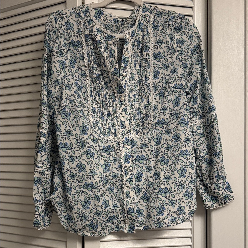 Talbots Blue and White 3/4 Sleeve Blouse with Mandarin Collar